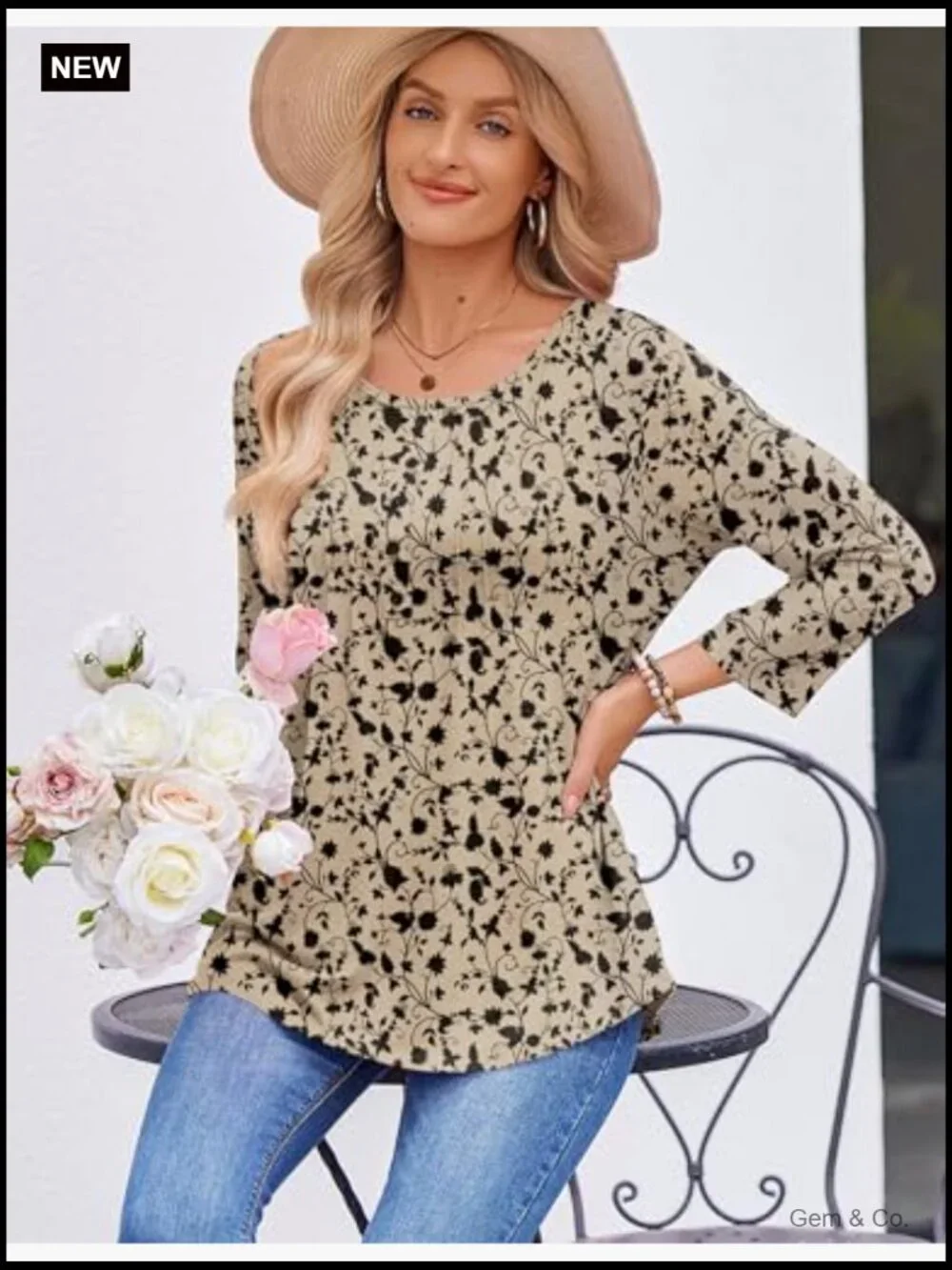 3/4 Sleeve Pleated Tunic Tops Casual Summer Tees Blouses Crew Neck Loose Fit - Picture 5 of 7